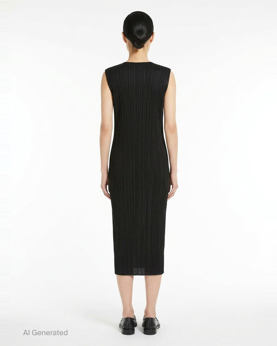 Pleats Please Issey Miyake Monthly Colors September sleeveless black midi dress with fine vertical micro-pleating throughout - back