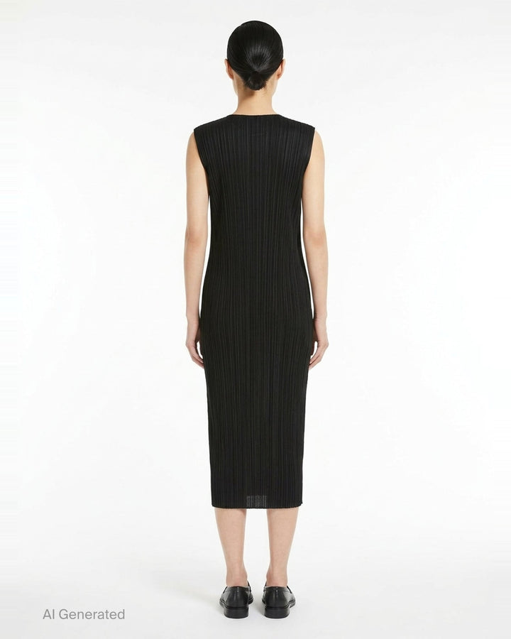 Pleats Please Issey Miyake Monthly Colors September sleeveless black midi dress with fine vertical micro-pleating throughout - back
