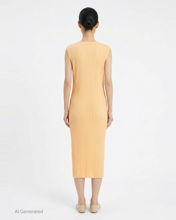 Pleats Please Issey Miyake Monthly Colors September sleeveless black midi dress with fine vertical micro-pleating throughout - back