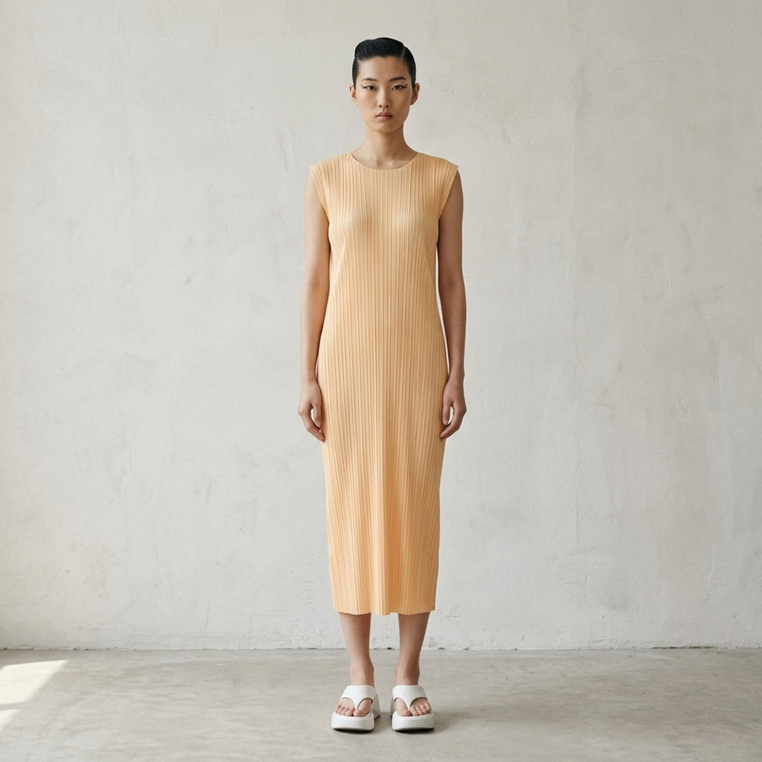 Pleats Please Issey Miyake Monthly Colors September sleeveless black midi dress with fine vertical micro-pleating throughout - lifestyle