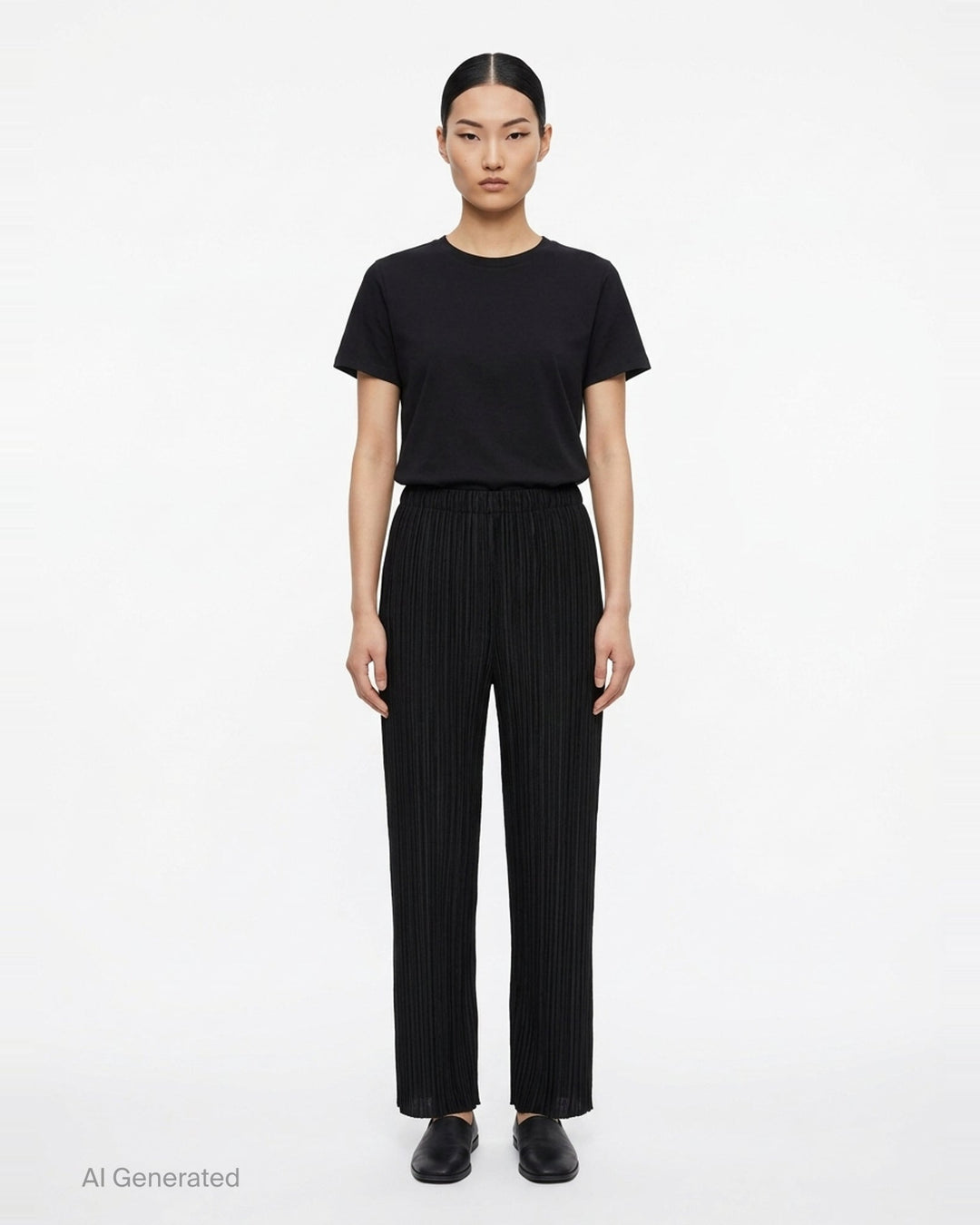 Pleats Please Issey Miyake Monthly Colors September wide-leg pants in black, featuring fine vertical micro-pleating and an elasticated waistband, displayed flat against a white background - front