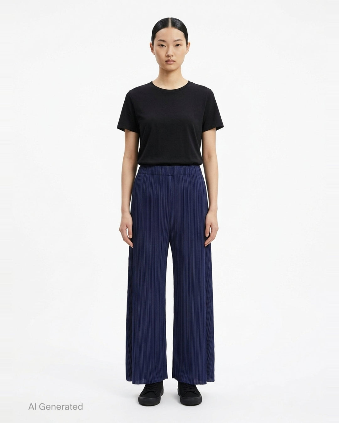 Pleats Please Issey Miyake Monthly Colors September wide-leg pants in black, featuring fine vertical micro-pleating and an elasticated waistband, displayed flat against a white background - front