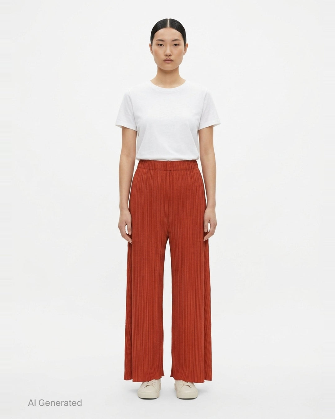 Pleats Please Issey Miyake Monthly Colors September wide-leg pants in black, featuring fine vertical micro-pleating and an elasticated waistband, displayed flat against a white background - front