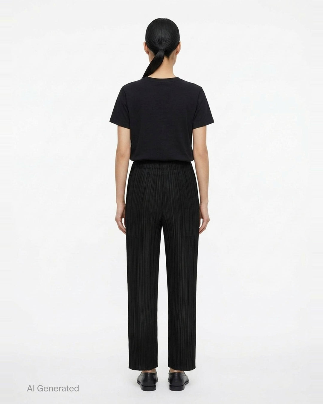 Pleats Please Issey Miyake Monthly Colors September wide-leg pants in black, featuring fine vertical micro-pleating and an elasticated waistband, displayed flat against a white background - back