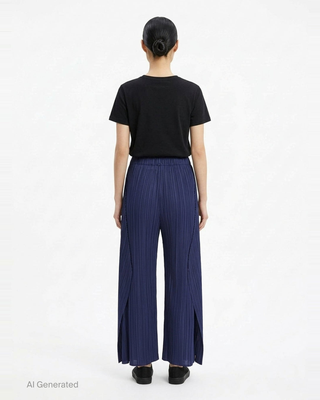 Pleats Please Issey Miyake Monthly Colors September wide-leg pants in black, featuring fine vertical micro-pleating and an elasticated waistband, displayed flat against a white background - back