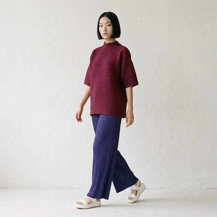 Pleats Please Issey Miyake Monthly Colors September wide-leg pants in black, featuring fine vertical micro-pleating and an elasticated waistband, displayed flat against a white background - lifestyle