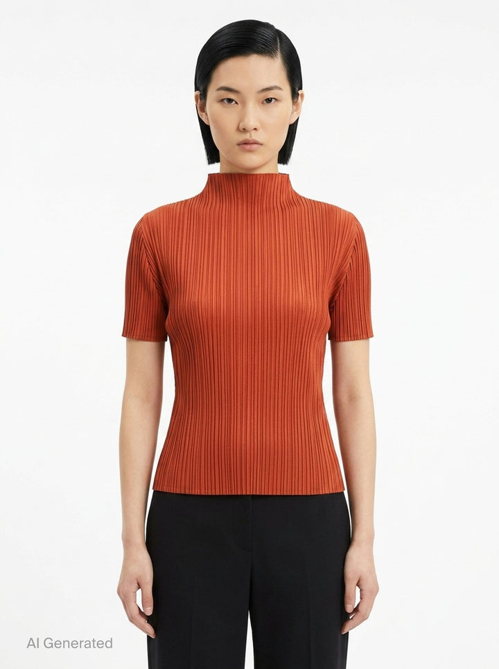 Pleats Please Issey Miyake Monthly Colors September short-sleeve mock-neck pleated top in rust - front