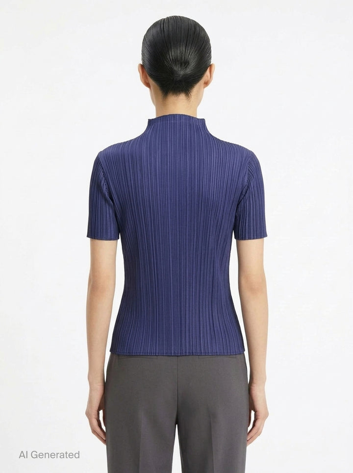 Pleats Please Issey Miyake Monthly Colors September short-sleeve mock-neck pleated top in rust - back
