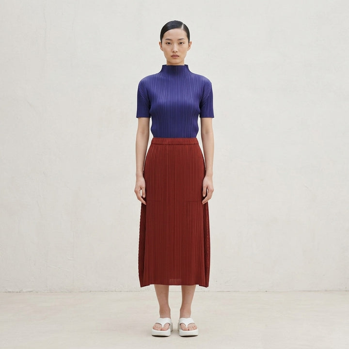 Pleats Please Issey Miyake Monthly Colors September short-sleeve mock-neck pleated top in rust - lifestyle