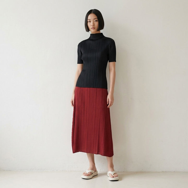 Pleats Please Issey Miyake Monthly Colors September short-sleeve mock-neck pleated top in rust - lifestyle