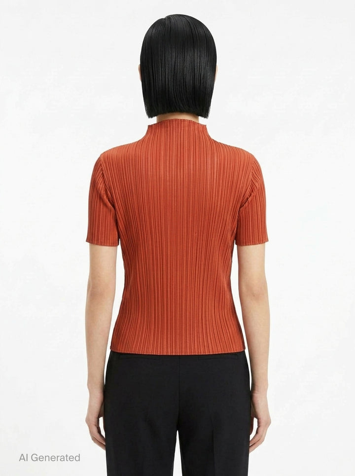 Pleats Please Issey Miyake Monthly Colors September short-sleeve mock-neck pleated top in rust - back