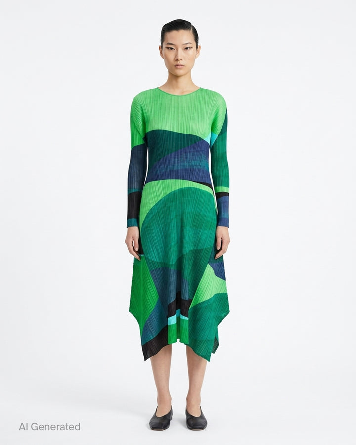 Pleats Please Issey Miyake Orbit long-sleeve pleated midi dress with abstract green, teal and navy colour-blocked print and asymmetric hem - front