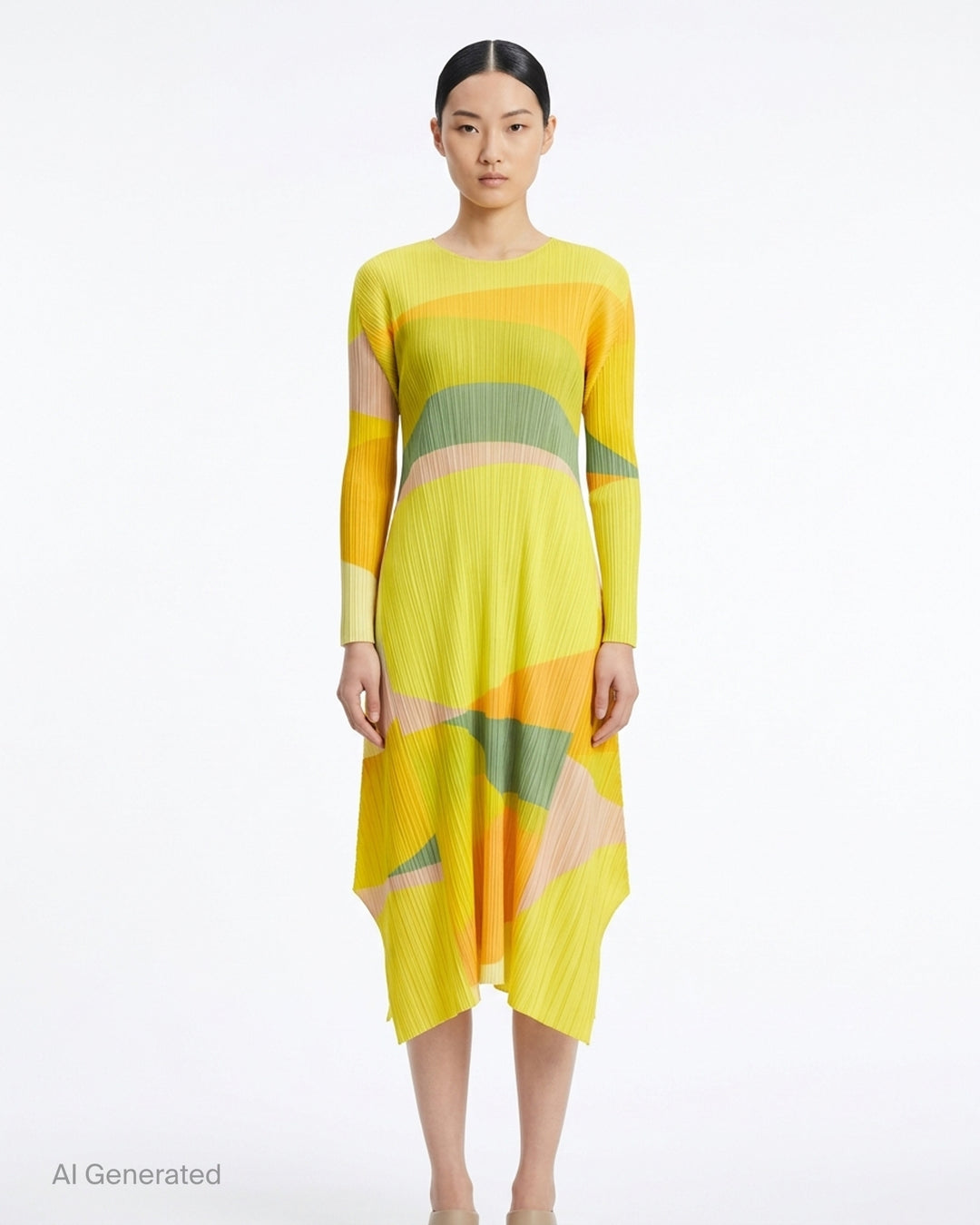 Pleats Please Issey Miyake Orbit long-sleeve pleated midi dress with abstract green, teal and navy colour-blocked print and asymmetric hem - front