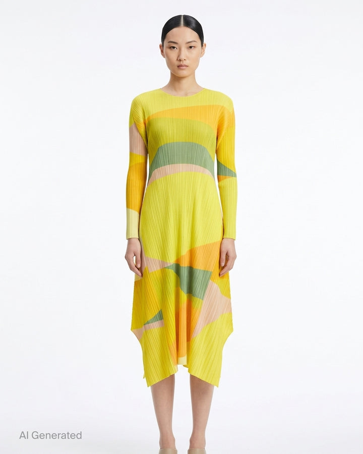 Pleats Please Issey Miyake Orbit long-sleeve pleated midi dress with abstract green, teal and navy colour-blocked print and asymmetric hem - front