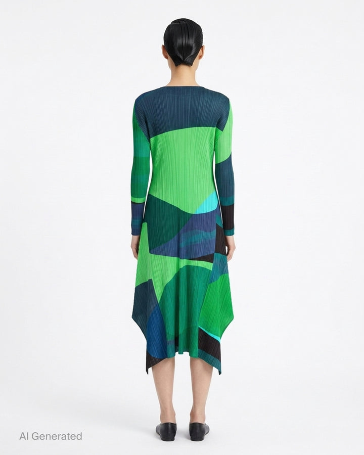 Pleats Please Issey Miyake Orbit long-sleeve pleated midi dress with abstract green, teal and navy colour-blocked print and asymmetric hem - back
