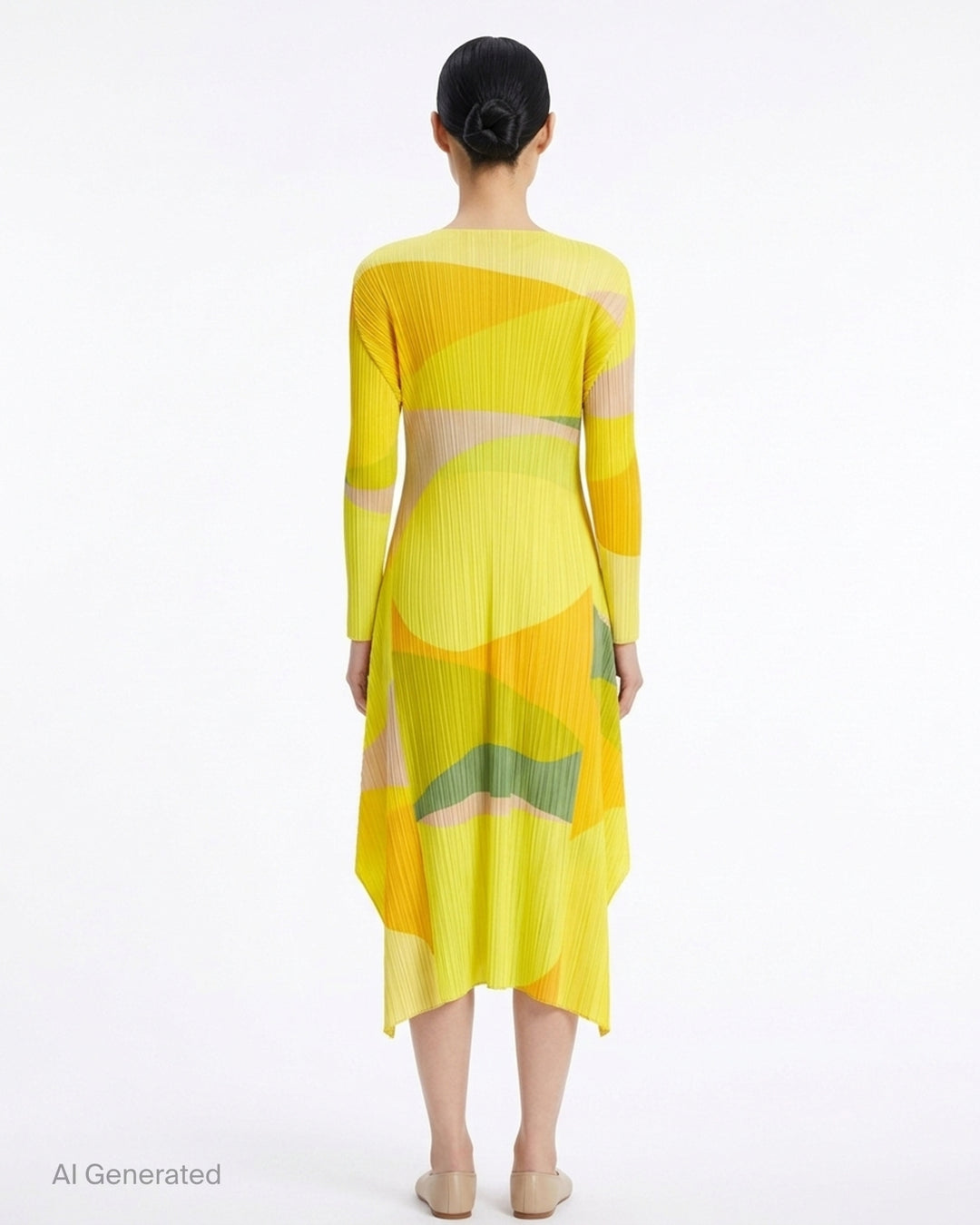 Pleats Please Issey Miyake Orbit long-sleeve pleated midi dress with abstract green, teal and navy colour-blocked print and asymmetric hem - back