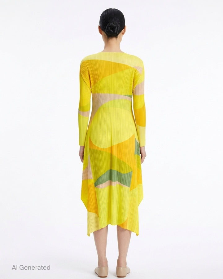 Pleats Please Issey Miyake Orbit long-sleeve pleated midi dress with abstract green, teal and navy colour-blocked print and asymmetric hem - back