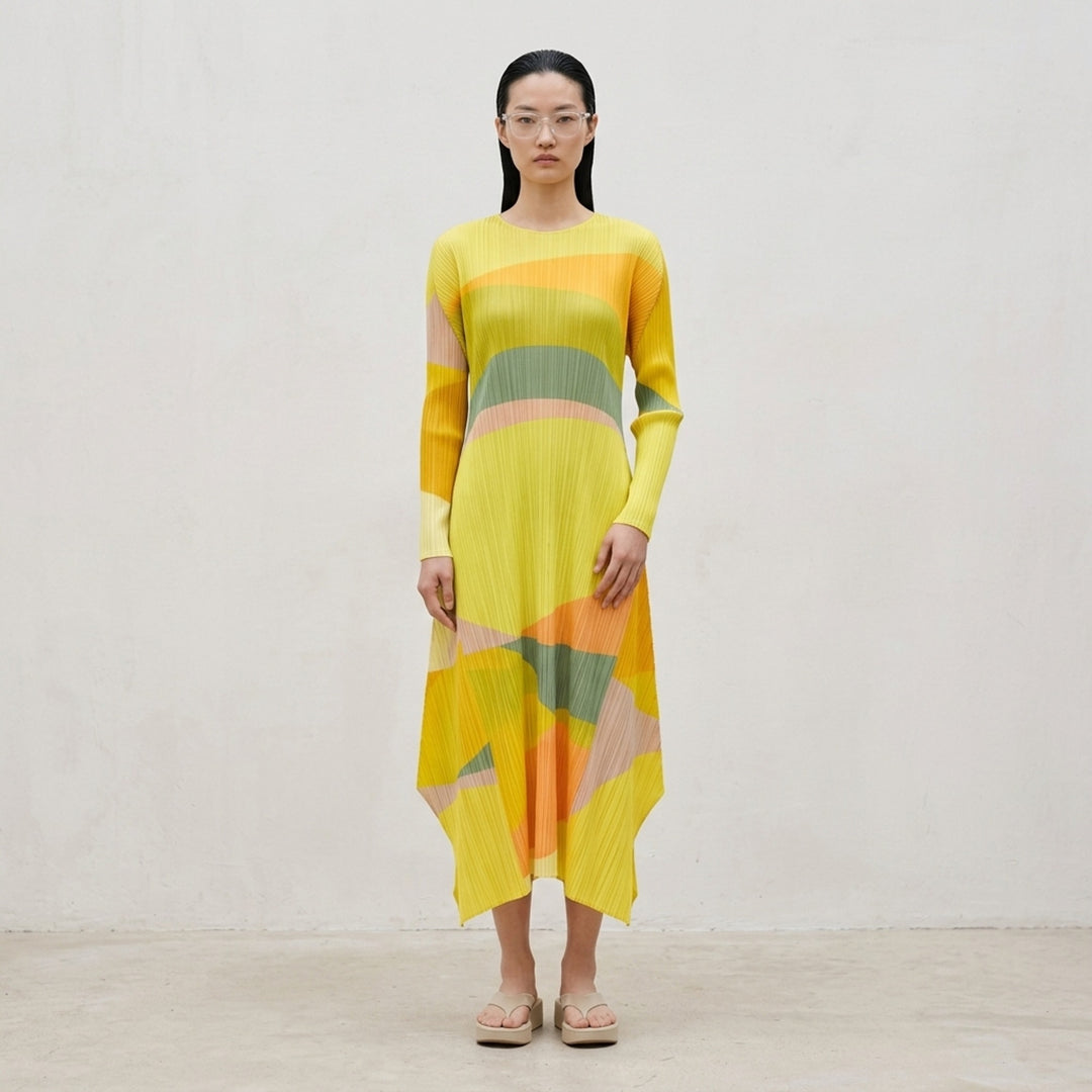 Pleats Please Issey Miyake Orbit long-sleeve pleated midi dress with abstract green, teal and navy colour-blocked print and asymmetric hem - lifestyle