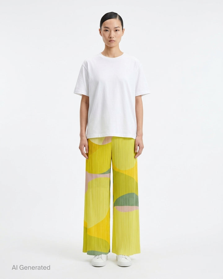 Pleats Please Issey Miyake Orbit wide-leg pleated pants with abstract green, teal, navy and black colour-block print - front
