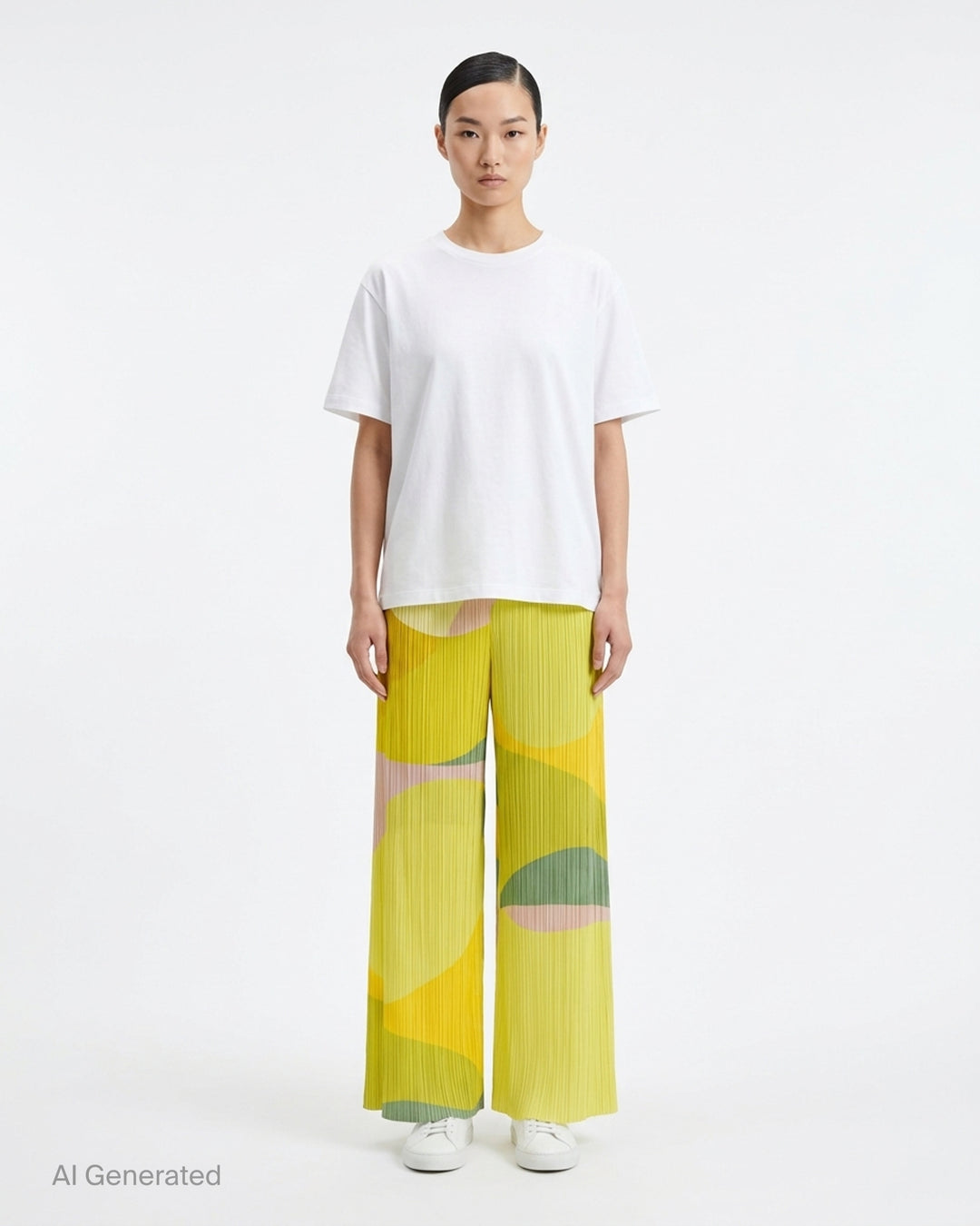 Pleats Please Issey Miyake Orbit wide-leg pleated pants with abstract green, teal, navy and black colour-block print - front