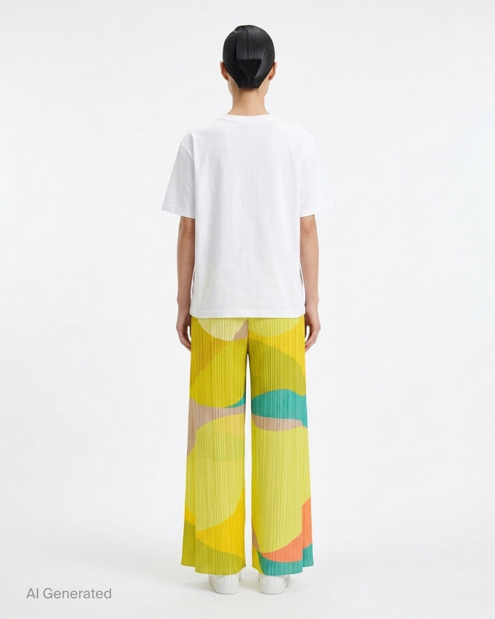 Pleats Please Issey Miyake Orbit wide-leg pleated pants with abstract green, teal, navy and black colour-block print - back