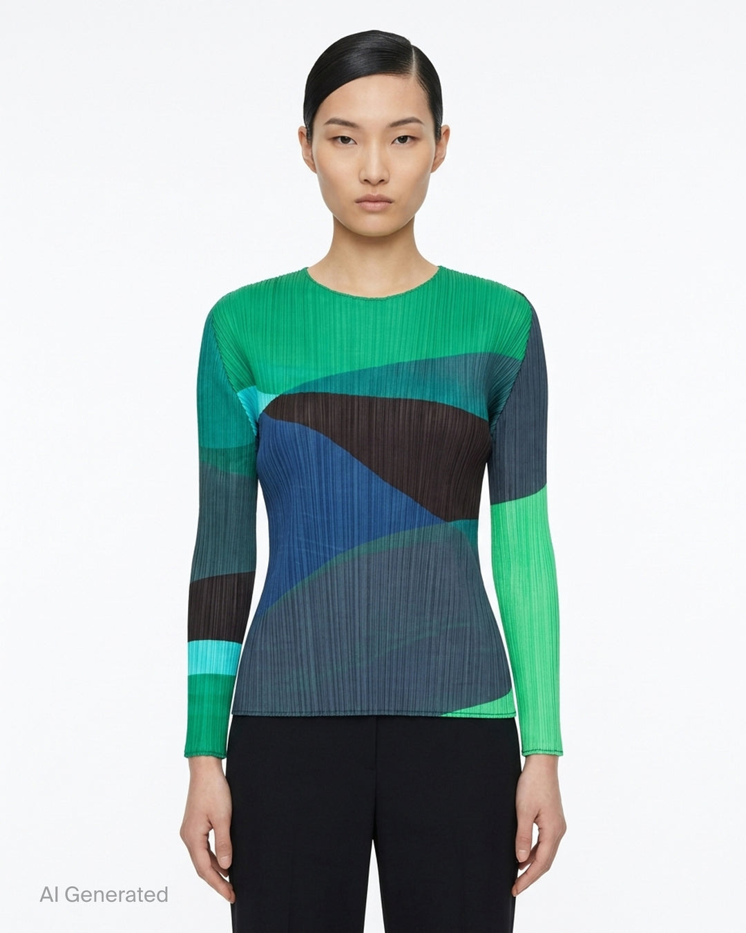 Pleats Please Issey Miyake ORBIT long sleeve pleated top with abstract geometric colour-blocking in green, teal, navy and black - front