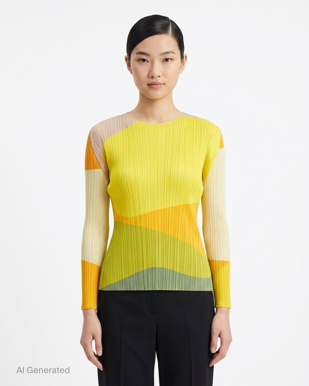Pleats Please Issey Miyake ORBIT long sleeve pleated top with abstract geometric colour-blocking in green, teal, navy and black - front