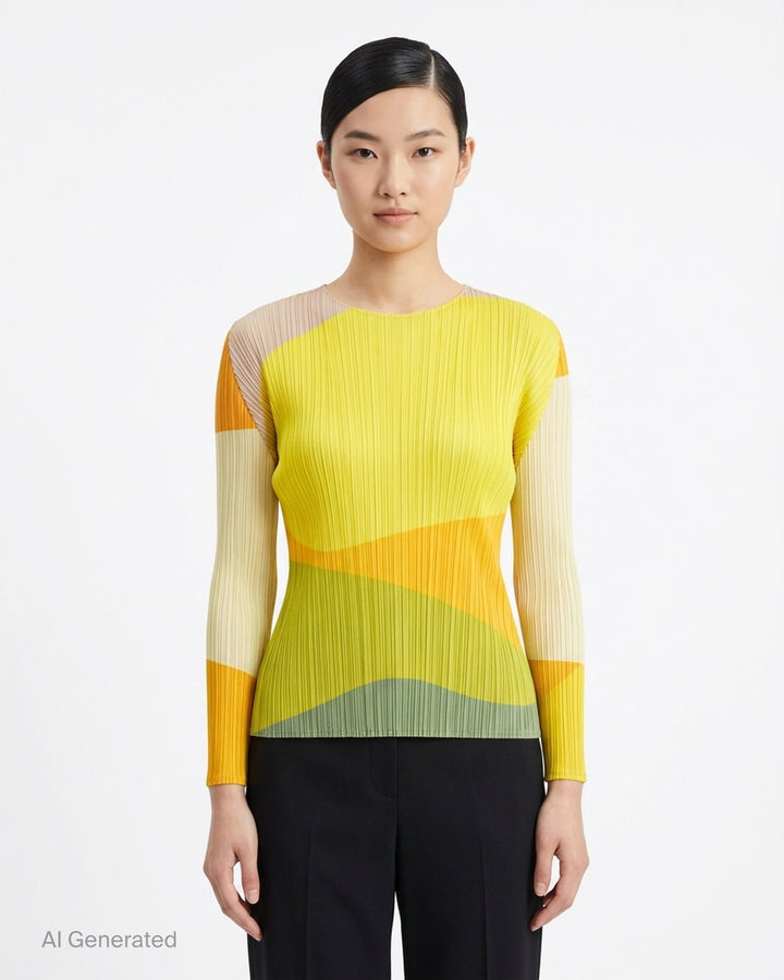 Pleats Please Issey Miyake ORBIT long sleeve pleated top with abstract geometric colour-blocking in green, teal, navy and black - front