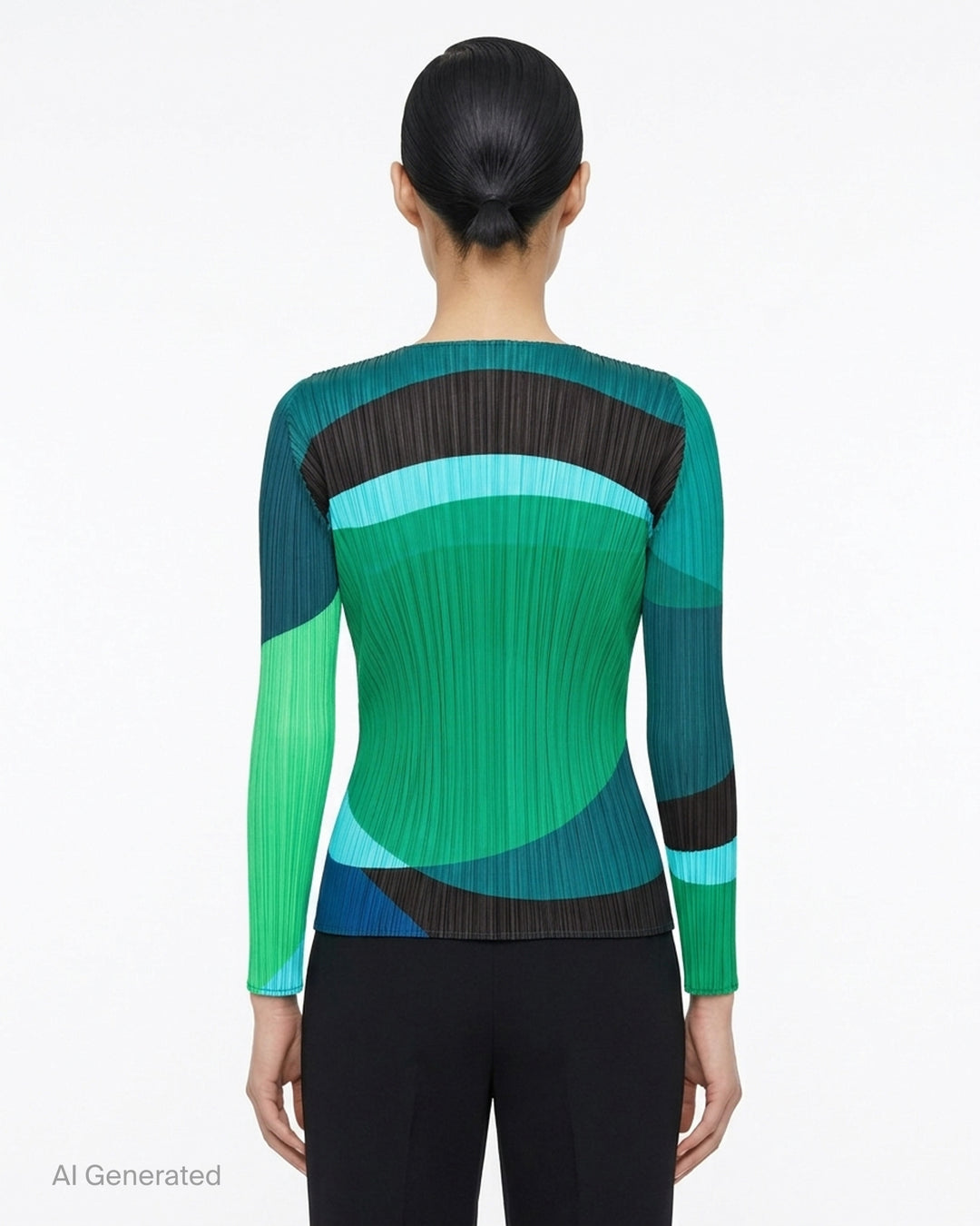 Pleats Please Issey Miyake ORBIT long sleeve pleated top with abstract geometric colour-blocking in green, teal, navy and black - back