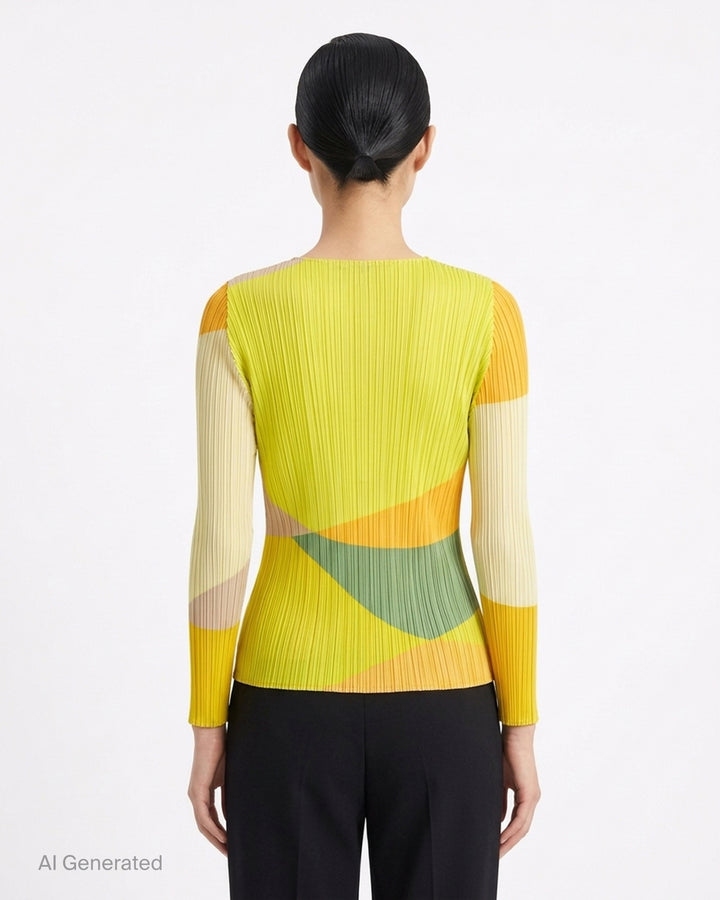 Pleats Please Issey Miyake ORBIT long sleeve pleated top with abstract geometric colour-blocking in green, teal, navy and black - back