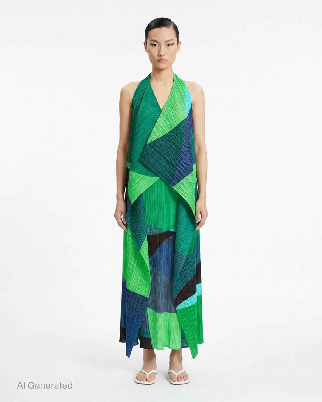 Pleats Please Issey Miyake Orbit halter-neck pleated vest with draped asymmetric panels in green, teal, navy and black geometric colour-blocking - front