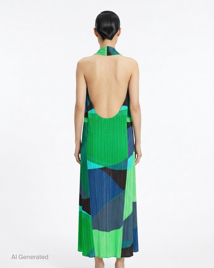 Pleats Please Issey Miyake Orbit halter-neck pleated vest with draped asymmetric panels in green, teal, navy and black geometric colour-blocking - back
