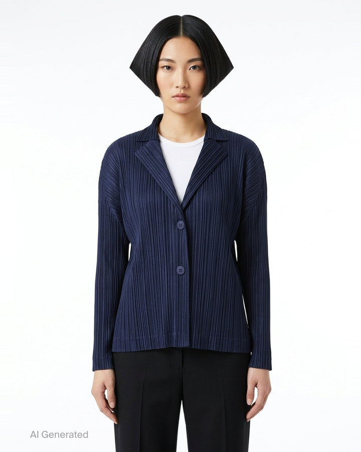 Pleats Please Issey Miyake Pleats Jacket in charcoal, featuring all-over micro-pleating, notched lapel, two-button closure, and long sleeves, displayed flat on a white background - front
