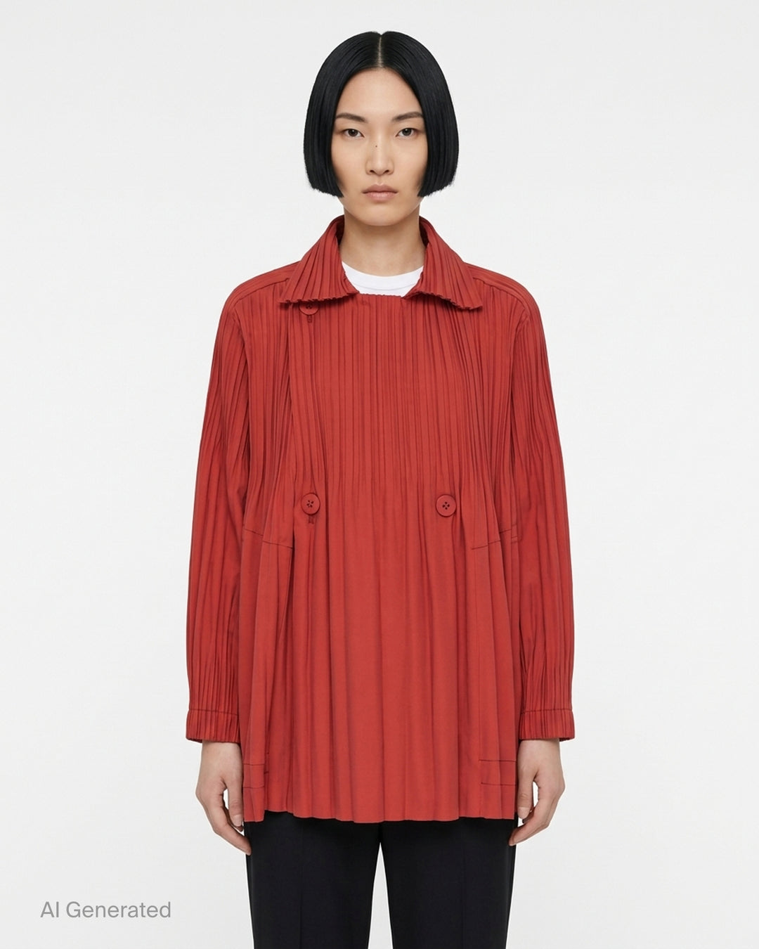 Pleats Please Issey Miyake Smooth Coat in black with fine vertical pleats, spread collar and double-breasted button fastening - front