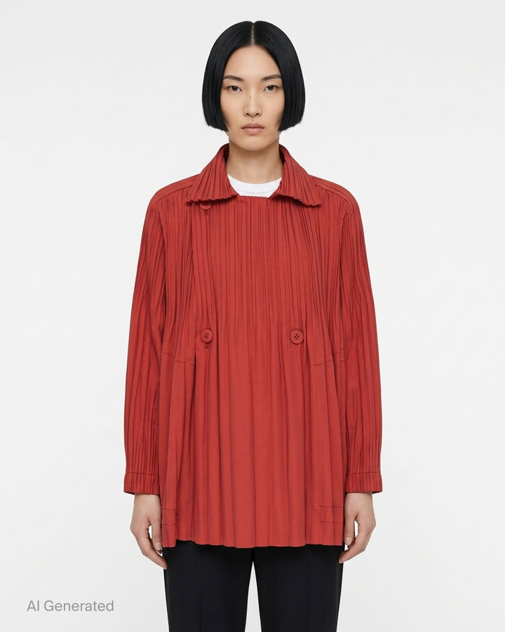 Pleats Please Issey Miyake Smooth Coat in black with fine vertical pleats, spread collar and double-breasted button fastening - front