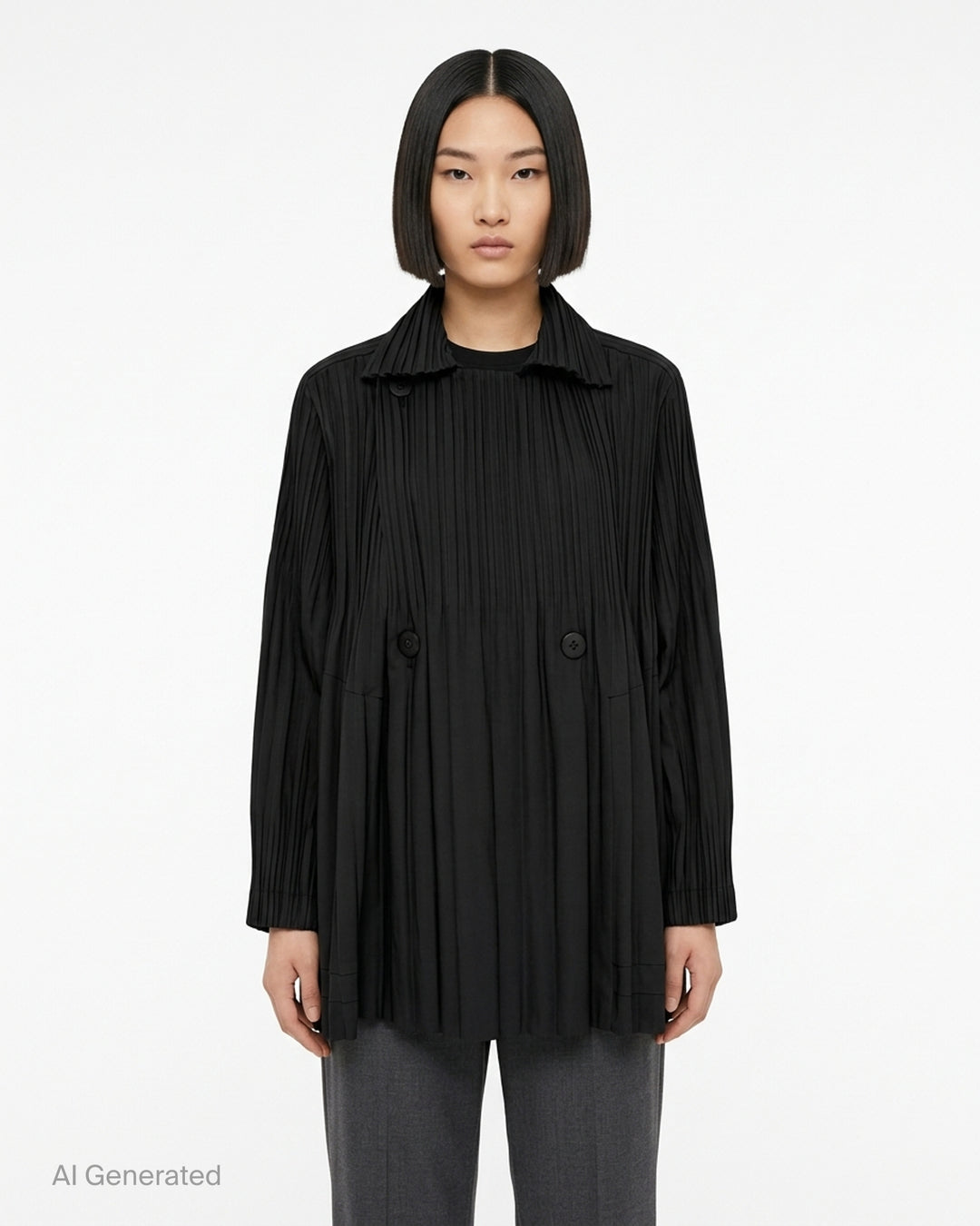 Pleats Please Issey Miyake Smooth Coat in black with fine vertical pleats, spread collar and double-breasted button fastening - front