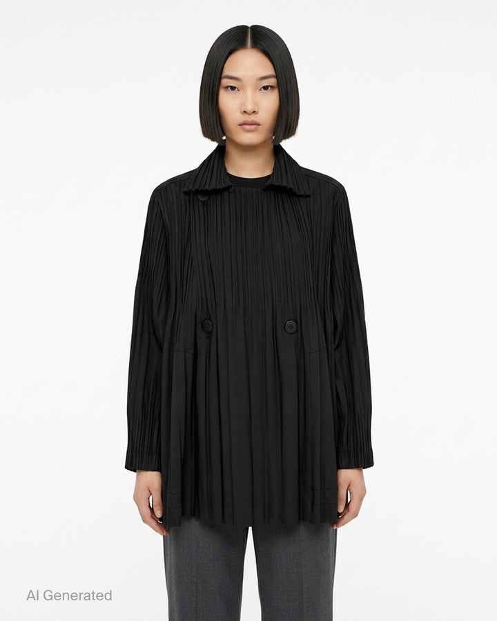 Pleats Please Issey Miyake Smooth Coat in black with fine vertical pleats, spread collar and double-breasted button fastening - front