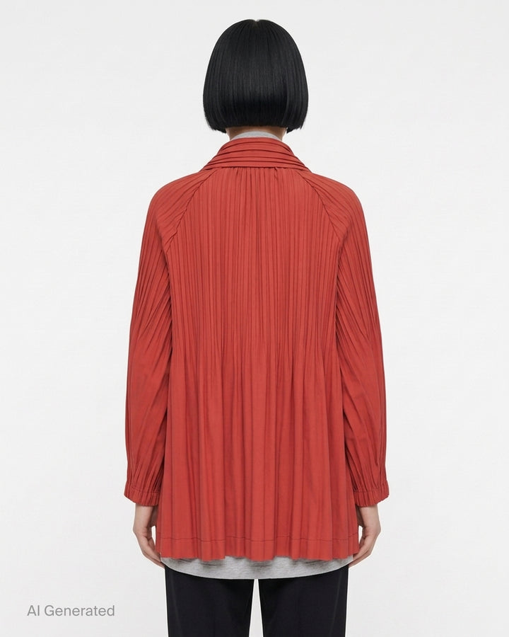 Pleats Please Issey Miyake Smooth Coat in black with fine vertical pleats, spread collar and double-breasted button fastening - back