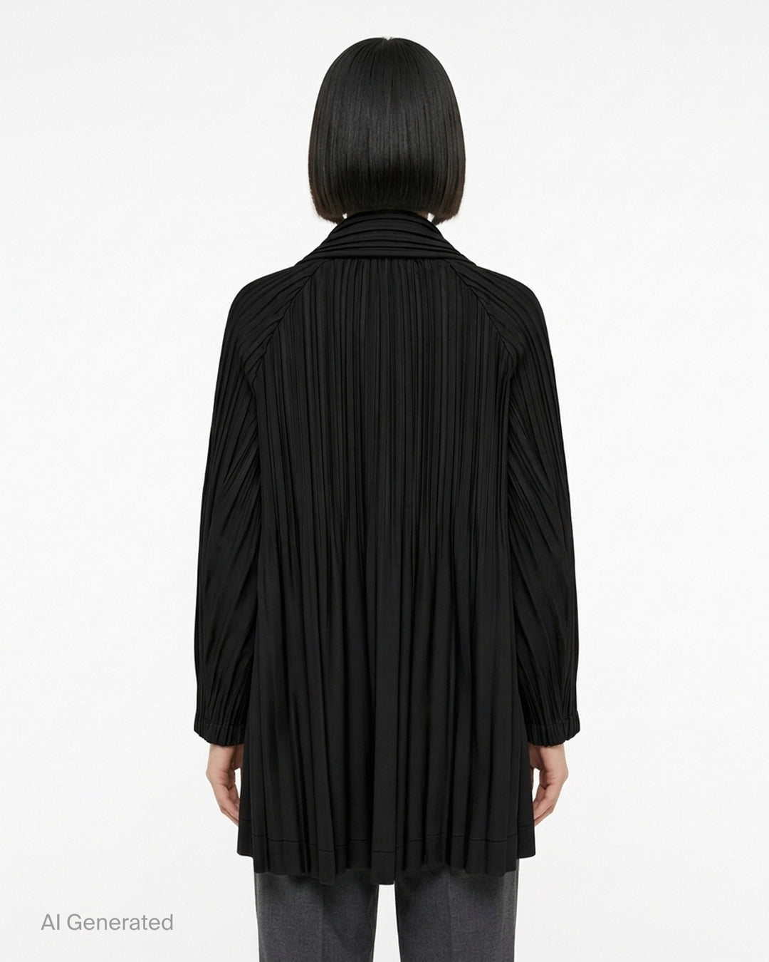 Pleats Please Issey Miyake Smooth Coat in black with fine vertical pleats, spread collar and double-breasted button fastening - back