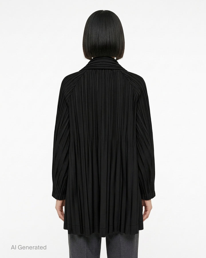 Pleats Please Issey Miyake Smooth Coat in black with fine vertical pleats, spread collar and double-breasted button fastening - back