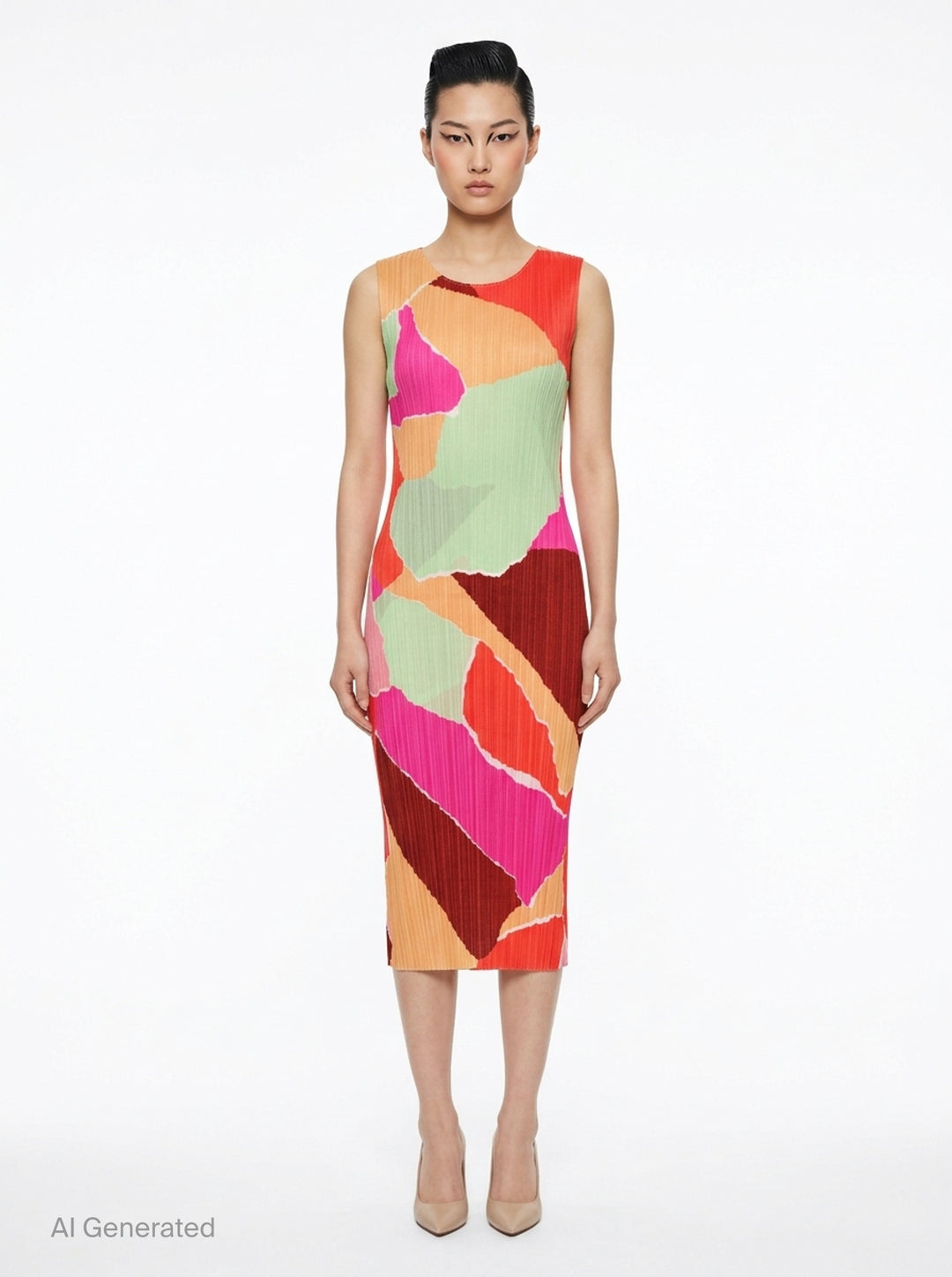 Pleats Please Issey Miyake SURPRISE! sleeveless midi dress in abstract patchwork print featuring coral, fuchsia, sage green, amber, and burgundy colour-blocked shapes on a pleated fabric - front