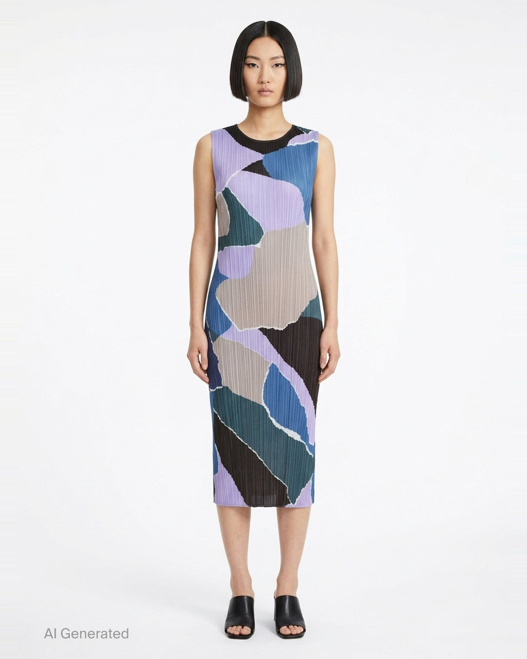 Pleats Please Issey Miyake SURPRISE! sleeveless midi dress in abstract patchwork print featuring coral, fuchsia, sage green, amber, and burgundy colour-blocked shapes on a pleated fabric - front