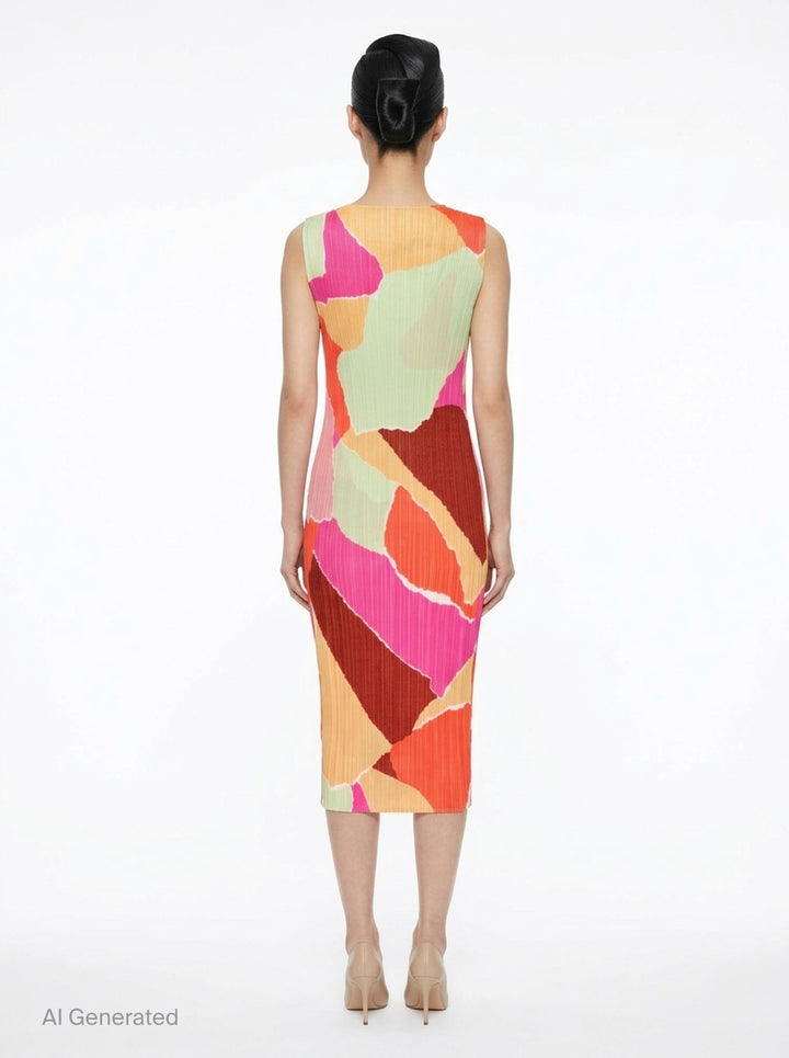 Pleats Please Issey Miyake SURPRISE! sleeveless midi dress in abstract patchwork print featuring coral, fuchsia, sage green, amber, and burgundy colour-blocked shapes on a pleated fabric - back
