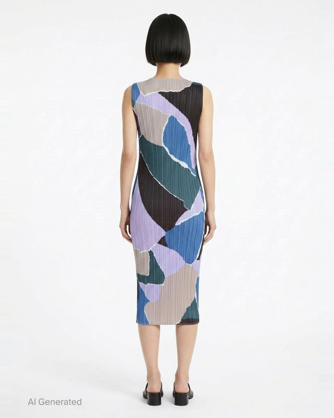 Pleats Please Issey Miyake SURPRISE! sleeveless midi dress in abstract patchwork print featuring coral, fuchsia, sage green, amber, and burgundy colour-blocked shapes on a pleated fabric - back