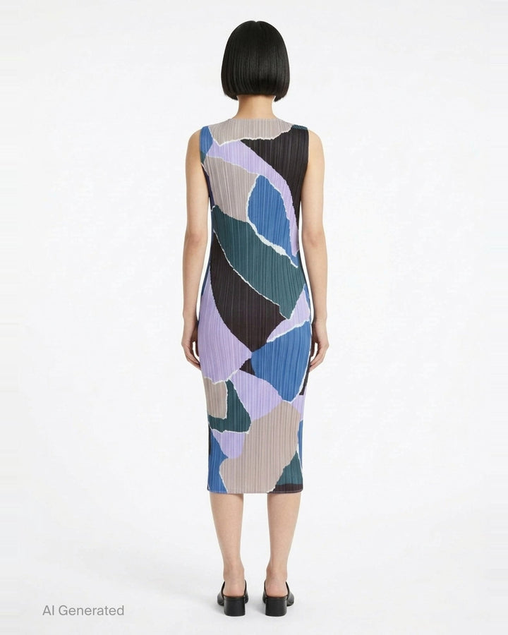 Pleats Please Issey Miyake SURPRISE! sleeveless midi dress in abstract patchwork print featuring coral, fuchsia, sage green, amber, and burgundy colour-blocked shapes on a pleated fabric - back