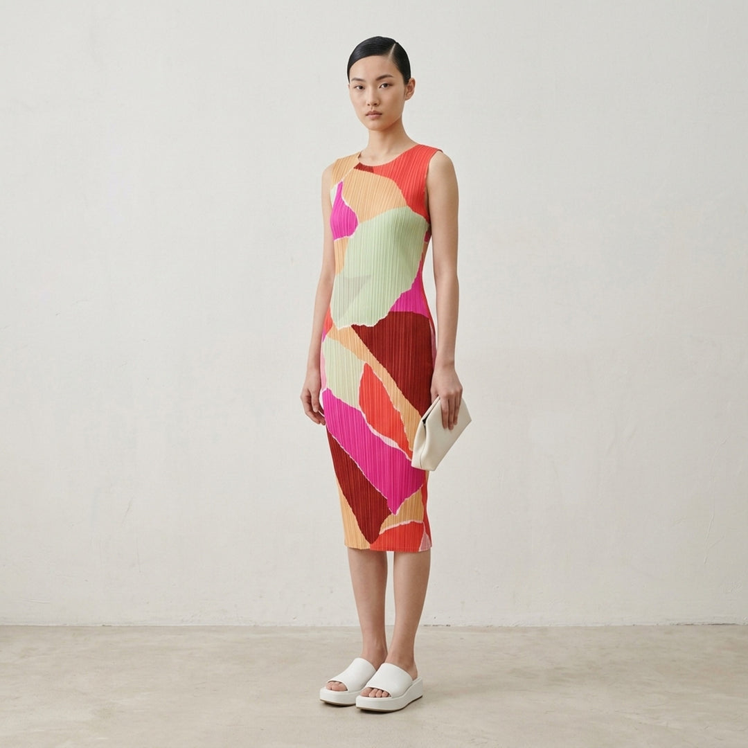 Pleats Please Issey Miyake SURPRISE! sleeveless midi dress in abstract patchwork print featuring coral, fuchsia, sage green, amber, and burgundy colour-blocked shapes on a pleated fabric - lifestyle