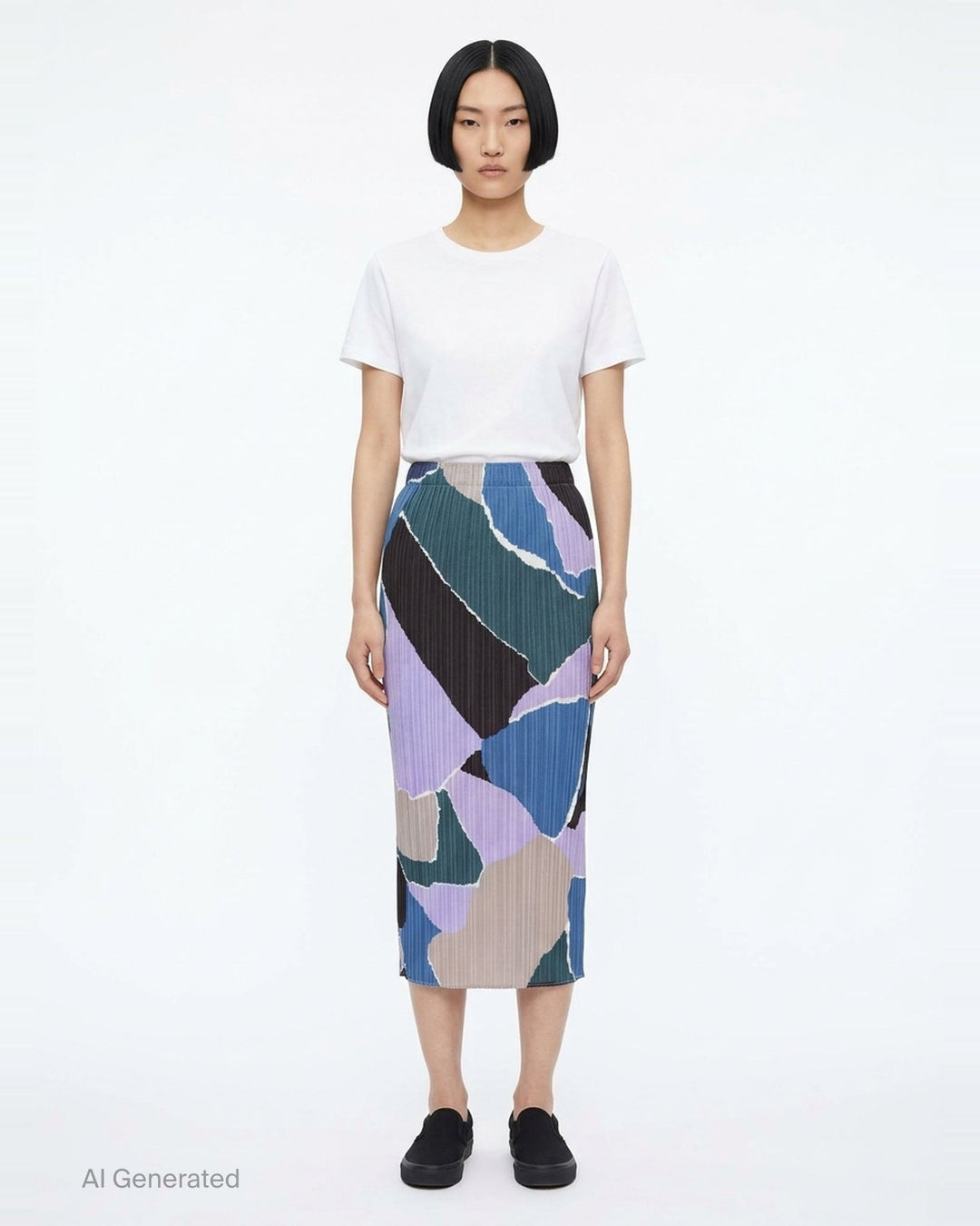 Pleats Please Issey Miyake SURPRISE! midi pencil skirt in permanent micro-pleated fabric featuring an abstract mosaic print in fuchsia, coral, burgundy, sage, and peach - front