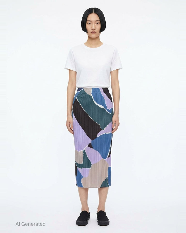Pleats Please Issey Miyake SURPRISE! midi pencil skirt in permanent micro-pleated fabric featuring an abstract mosaic print in fuchsia, coral, burgundy, sage, and peach - front