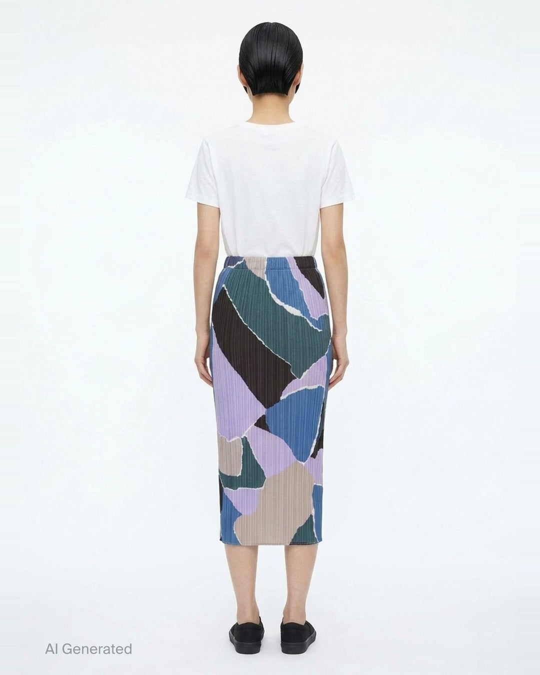 Pleats Please Issey Miyake SURPRISE! midi pencil skirt in permanent micro-pleated fabric featuring an abstract mosaic print in fuchsia, coral, burgundy, sage, and peach - back