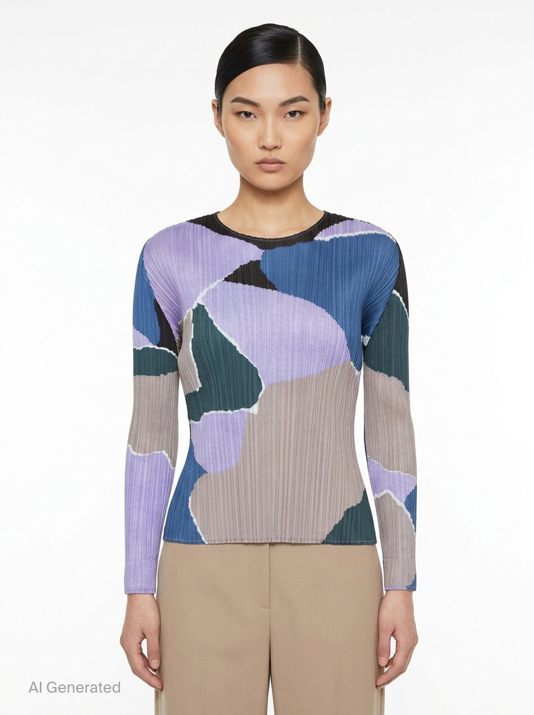 Pleats Please Issey Miyake SURPRISE! long sleeve round-neck top featuring permanent pleating and an abstract multicolour print in lavender, cobalt blue, teal, taupe, and black - front